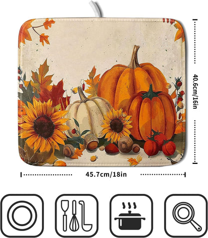 Happy Thanksgiving Day Harvest Dish Drying Mat for Kitchen Counter,Sunflower Maple Leaves Pumpkin Drying Mat 16 x 18 Inch with Absorbent Reversible Microfiber Dish Drying Pad for Coffee Bar