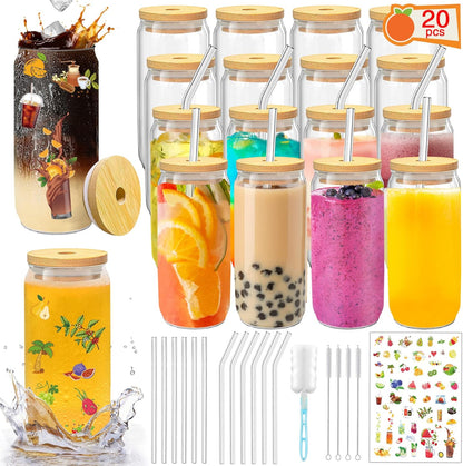 Glass Cups with Lids and Straws 20 Pcs 16 oz Ice Coffee Cup Skinny and Long Can Beer Cups Set Drinking Glasses with Bamboo Lids Reusable Glass Cups Ideal for Smoothies & Beverages
