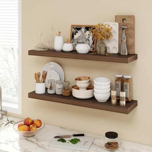 36 Inch Floating Shelves, 9.3" Deep Floating Shelf Wall Mounted, 36" Wall Shelves, Rustic Deep Bookshelf, Large Display Shelves & Storage Shelves for Bedroom, Living Room, Walnut, Set of 2