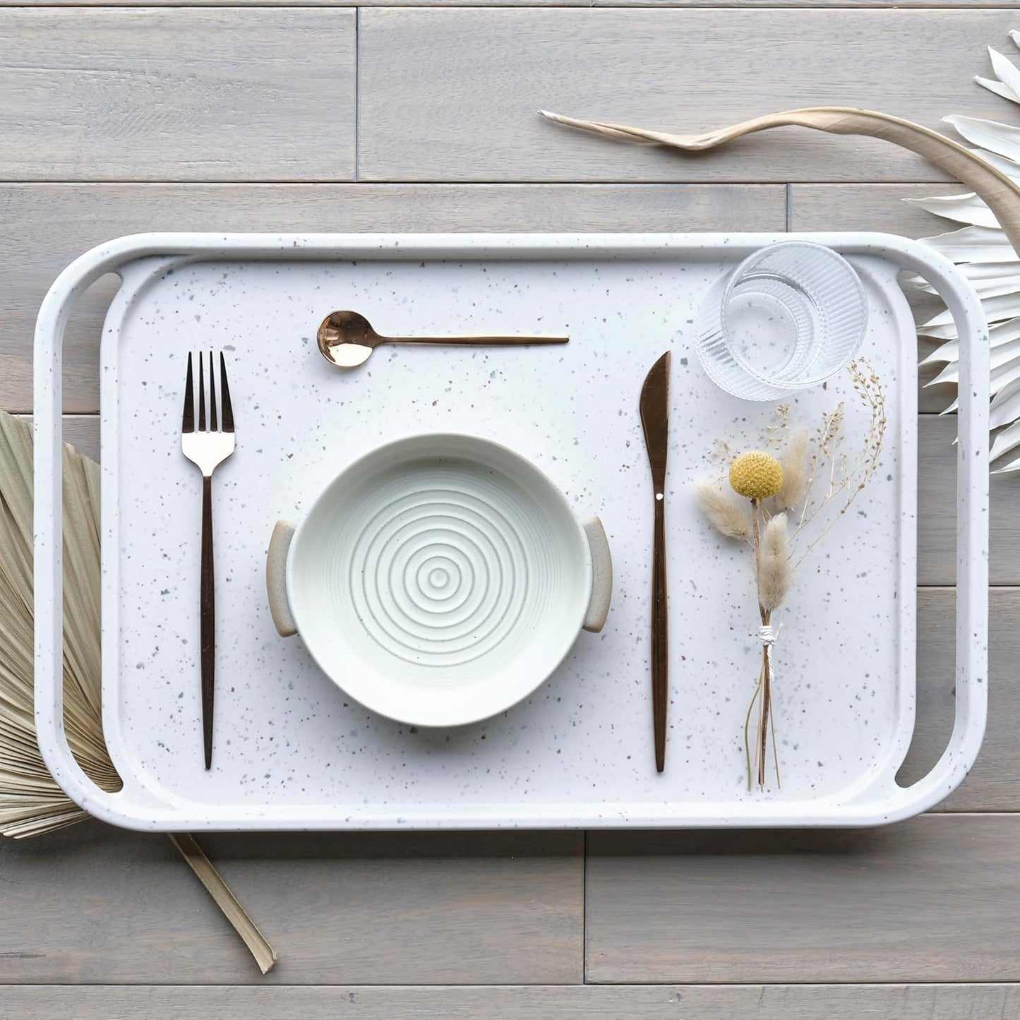LINE+ARC Waterproof, Easy-to-Clean, 18"x12" Serving Tray Extra Large Handles (Bone) 100% Food-Grade Melamine for Breakfast, Dinner, Bed, Tea, Crafts, Decorative, TV, Couch, Outdoor, Patio