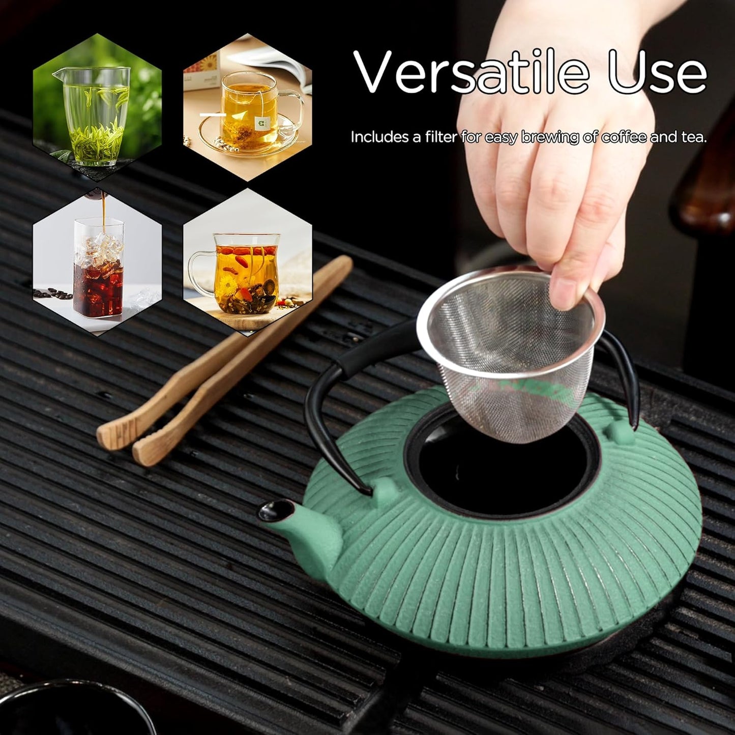 Cast Iron Teapot Set with 2 Tea Cups, 7Pcs Japanese Tea Kettle with Stainless Steel Infuser, Tea Pot Coated with Enameled Interior, Line Pattern, 27oz 780ml Green