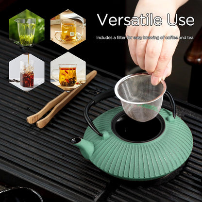 Cast Iron Teapot Set with 2 Tea Cups, 7Pcs Japanese Tea Kettle with Stainless Steel Infuser, Tea Pot Coated with Enameled Interior, Line Pattern, 27oz 780ml Green