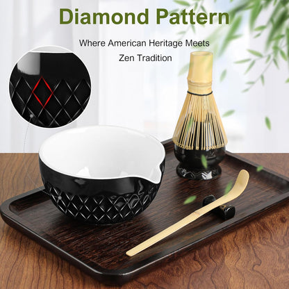 Matcha Whisk Set, 7 Pcs Matcha Kit, Ceramic Matcha Set Includes Matcha Bowl with Spout, Matcha Whisk and Holder, Bamboo Scoop, Scoop Rest, Sifter and Tea Towel (Onyx Black)