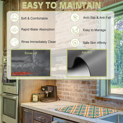 Dish Drying Mat Abstract Floral Kitchen Mat 12"x19" Bsorbent Coffee Maker Mat for Dishes,Utensils Coffee Maker Pots and Pans Easy Clean Dish Slip Resistant Pad