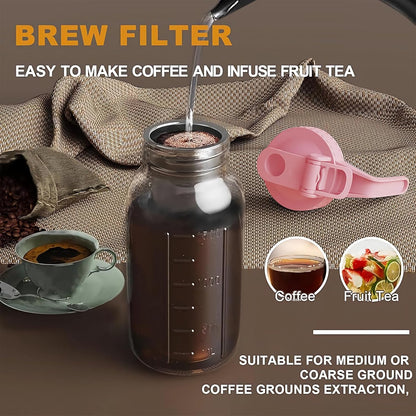 Cold Brew Coffee Maker Pitcher, 32 oz Thick Glass Mason Jar Spout Lid with Handle & Stainless Steel Filter for Iced Brew Coffee, Ice Lemonade, Sun Tea, Fruit Drinks Container