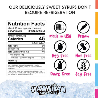 Hawaiian Shaved Ice Syrup Assortment with 6 - 16oz Bottles, 50 Snow Cone Cups, Spoon Straws, and Pouring Spouts. Flavors: Tiger’s Blood, Pina Colada, Blue Raspberry, Grape, Cherry, Lemon-Lime