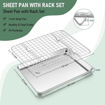 Homikit Cookie Sheet with Rack, 10 x 8 Inch Stainless Steel Small Baking Sheet with Wire Rack Set for Baking Roasting Cooling, Small Toaster Oven Pan Bacon Tray, Non-Toxic & Dishwasher Safe