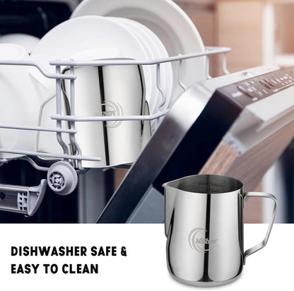 MiShoo® Milk Frothing Pitcher, 12oz Steaming Pitcher 304 Stainless Steel Espresso Machine Accessories for Coffee Bar, Cappuccino Barista Tools Milk Jug Steamer Frother Cup with Latte Art Pen