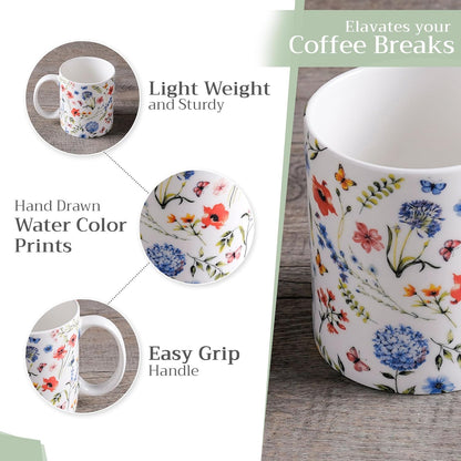 Maison d' Hermine Coffee Mug with Handles Fine Bone China Mugs Pack of Two Tea Cups for Hot Beverages Cappuccino Latte Home Restaurant Office Perfect for Gift (Just Floral, 15 Ounce)