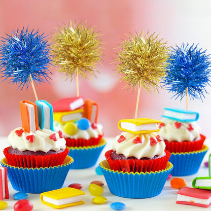 Chinco 100 Pcs Foil Firework Cupcake Toppers Sparkle Tinsel Cake Toppers Cake Decoration Cocktail Fruit Toothpick for Birthday Wedding Graduation Party(Blue, Gold)