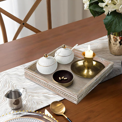 MAONAME Wood Serving Tray, Farmhouse Wooden Tray for Coffee Table, Rustic Square Trays with Beads, Washed White Decorative Trays for Living Room, Kitchen, 12" X 12" X 1.6"