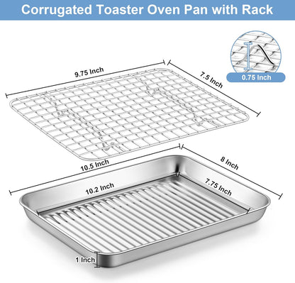 TeamFar 10.5'' Stainless Steel Compact Baking Pan Toaster Oven Tray with Cooling Rack, Corrugated Bottom & Grid Mesh Rack, Non-Toxic & Heavy-Duty
