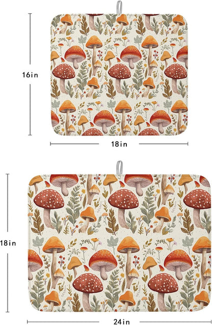 Fall Dish Drying Mat for Kitchen Counter Mushroom Drying Pad Absorbent Drying Mats for Countertops Sinks Draining Racks Autumn Plant Leaves Drainer Holiday Harvest Thanksgiving Decorations 16x18
