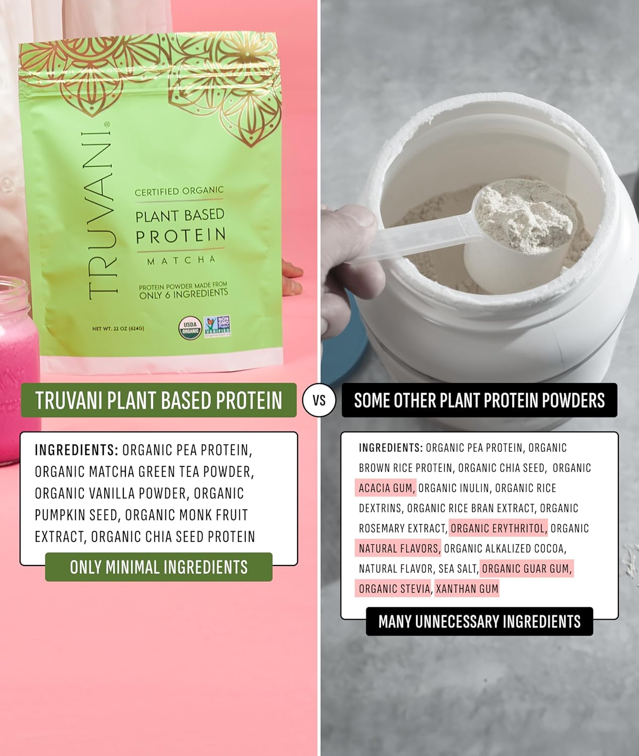 Truvani Vegan Pea Protein Powder | Matcha | 20g Organic Plant Based Protein | 10 Servings | Keto | Gluten & Dairy Free | Low Carb | No Added Sugar