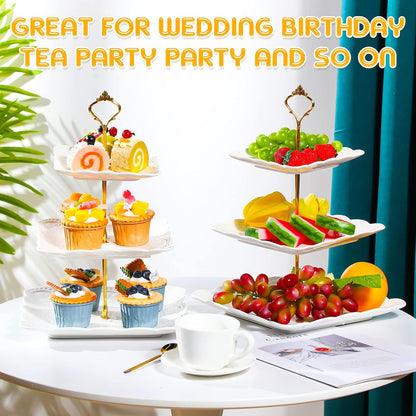 Tatuo 2 Pcs 3 Tier Porcelain Cupcake Stand, Cup Cake Holder Tower, Pastry Serving Elegant Dessert White Ceramic Tiered Stand for Wedding, Birthday, Tea Party(Lace Square Shape)