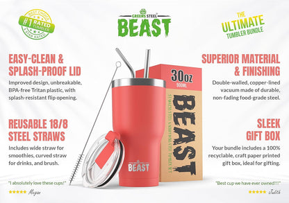Beast 30 oz Tumbler Stainless Steel Vacuum Insulated Coffee Ice Cup Double Wall Travel Flask (Coral Pink)