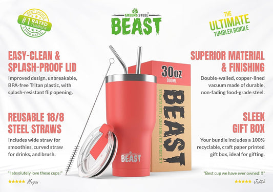 Beast 30 oz Tumbler Stainless Steel Vacuum Insulated Coffee Ice Cup Double Wall Travel Flask (Coral Pink)