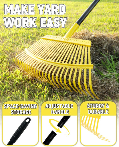 Garden Leaf Rake, 18” Wide Metal Rake with 25 Teeth, 62" Adjustable Long Handle, Heavy Duty Lawn Yard Tool for Leaves, Grass, Shrubs, Debris, Pine Needles, Garden Cleanup Tools for Backyard