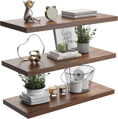 Wall Shelf Set of 3, Walnut Floating Shelves 30 in W x 10 in D x 1 in H, Wooden Floating Wall Shelf with Invisible Brackets for Living Room/Bedroom/Bathroom/Kitchen Storage and Decor