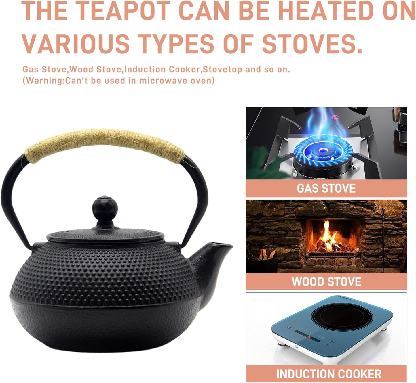 Japanese Tetsubin Cast Iron Teapot Tea Kettle pot with Stainless Steel Infuser for Stovetop Safe Coated with Enameled Interior (Black, 27.1oz)