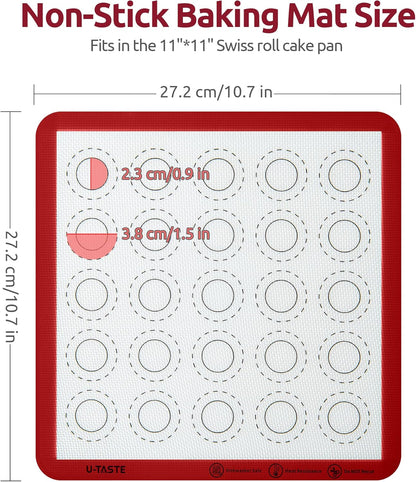 446ºF Heat Resistant Macaron Mat: U-Taste 11x11in Non Stick Silicone Baking Mat, Reusable Cookies Pastry Sheet Liner with Edge Enhancement & Circle Measurement for Square Cake Pan (2 PCS, Red)