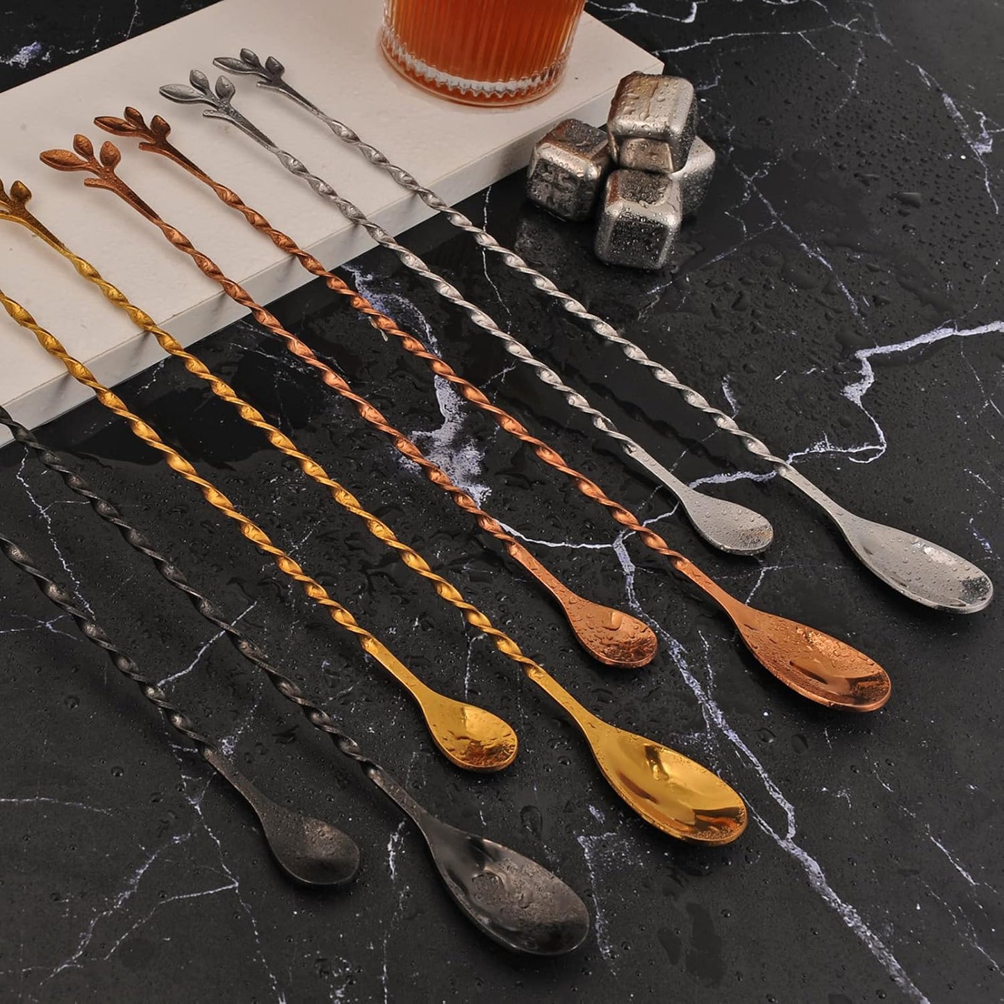 AnSaw Silver 12-Inch Stainless Steel Cocktail Spoon with Leaf Handle - Perfect for Mixing & Layering Drinks in Tall Cups, Bar & Shakers - Durable Long Handle Bar Stirrer,2-Pieces