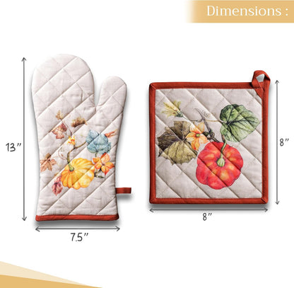 Maison d' Hermine 100% Cotton Oven Mitt & Pot Holder Set (7.5"x13" & 8"x8") Heat Resistant BBQ Cooking Gloves with Loop, Baking, Grilling, Kitchen, Handling Hot Pans (Potiron)