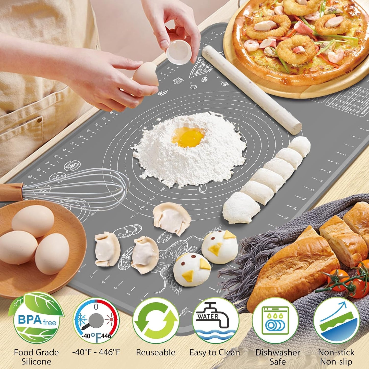 Silicone Baking Mat 32x24 inch, Extra Thick Non-stick Pastry Mat with Measurements and Edge Heightening, Food Grade Silicone for Countertop Dough Rolling Making Bread, Cookies, Pizza, Fondant, Pasta