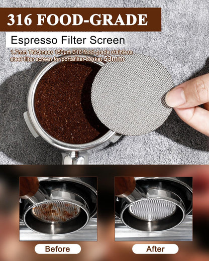 Espresso Kit, 350ml Espresso Milk Frothing Pitcher, 53mm Espresso Tamper, WDT Tool, 53.5mm Puck Screen, Dessert Spoons, Tamper Mat, Latte Art Pen &16 PCS Coffee Decorating Stencils