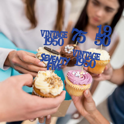 Gyufise 24Pcs Vintage 1950 Cupcake Toppers Glitter Cheers to 75 Fabulous Seventy Five Cupcake Picks 75th Birthday Wedding Anniversary Party Cake Decorations Supplies Deep Blue