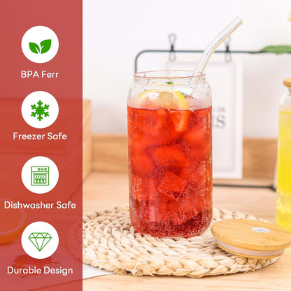 Joyclub Glass Cups with Bamboo Lids and Straws 6 Set 16 oz Reusable Iced Coffee Cup Beer Can Drinking Jars for Smoothie Whiskey Boba Soda Tea Gift