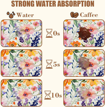 Dish Drying Mat Colorful Wildflowers Coffee Bar Mat for Countertop Rubber Backed Absorbent Hide Stain Dish Drainer Rack Pad Espresso Machine Coffee Table Dining Room Decoration 15.7 x 23.6 Inch