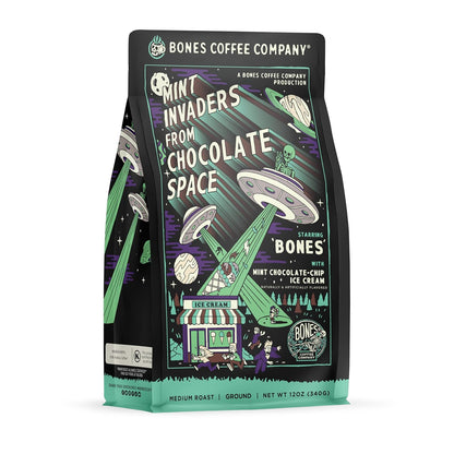 Bones Coffee Company Mint Invaders, Mint Chocolate Chip Flavored Coffee, Medium Roast Low Acid Arabica Beans Compatible with Auto drip and French Press Coffee Maker, 12 Oz Ground
