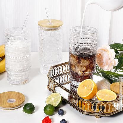 16 Oz Glass Cup with Lid and Straw, Vintage Embossed Glassware for Whiskey Cocktail Beer, Iced Coffee Cup with Lid, Glass Tumbler (1 PACK)