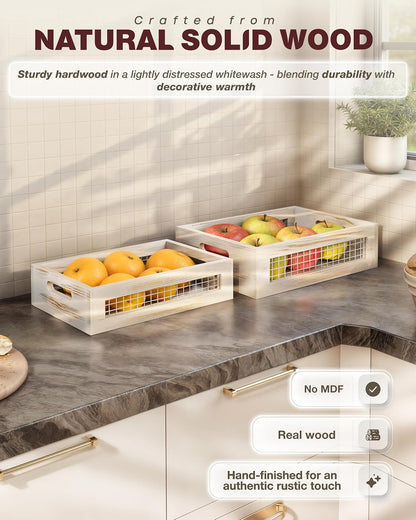 Wooden Countertop Baskets Set of 2 for Kitchen, Bathroom, Pantry|Wall Mount Upgrade with Full Accessories| Rustic Nesting Boxes|Wooden Organizer Crates for Fruit, Vegetables, Produce, Bread