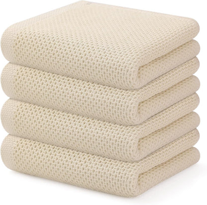 Kitinjoy 100% Cotton Waffle Weave Kitchen Towels, 4-Pack Super Soft and Absorbent Dish Towels for Drying Dishes, Kitchen Hand Towels, 13 in x 28 in, Beige