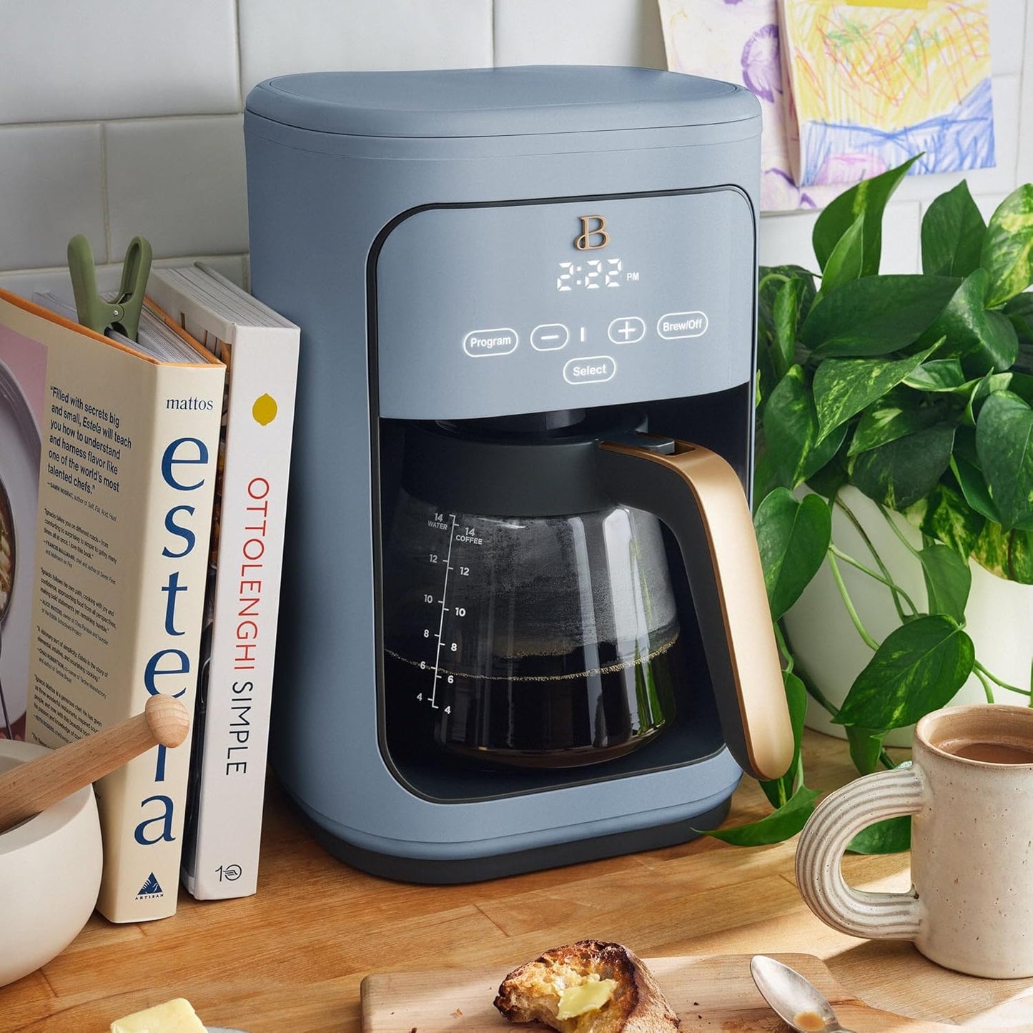 Beautiful Coffee Maker, 14-Cup, Touch Display, Programmable, 1200W, Stainless Steel, Keep Warm, 24h Timer dishwasher-safe (Cornflower Blue)