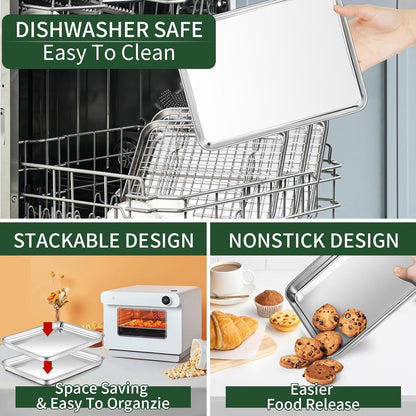 Baking Sheet with Cooling Rack Set(2 Baking Pans+2 Baking Racks), CEKEE Stainless Steel Non Stick Small Cookie Sheet Set, Size 10.39 x 8.07 x 1 Inch, Easy to Clean Small Baking Sheet with Rack Set
