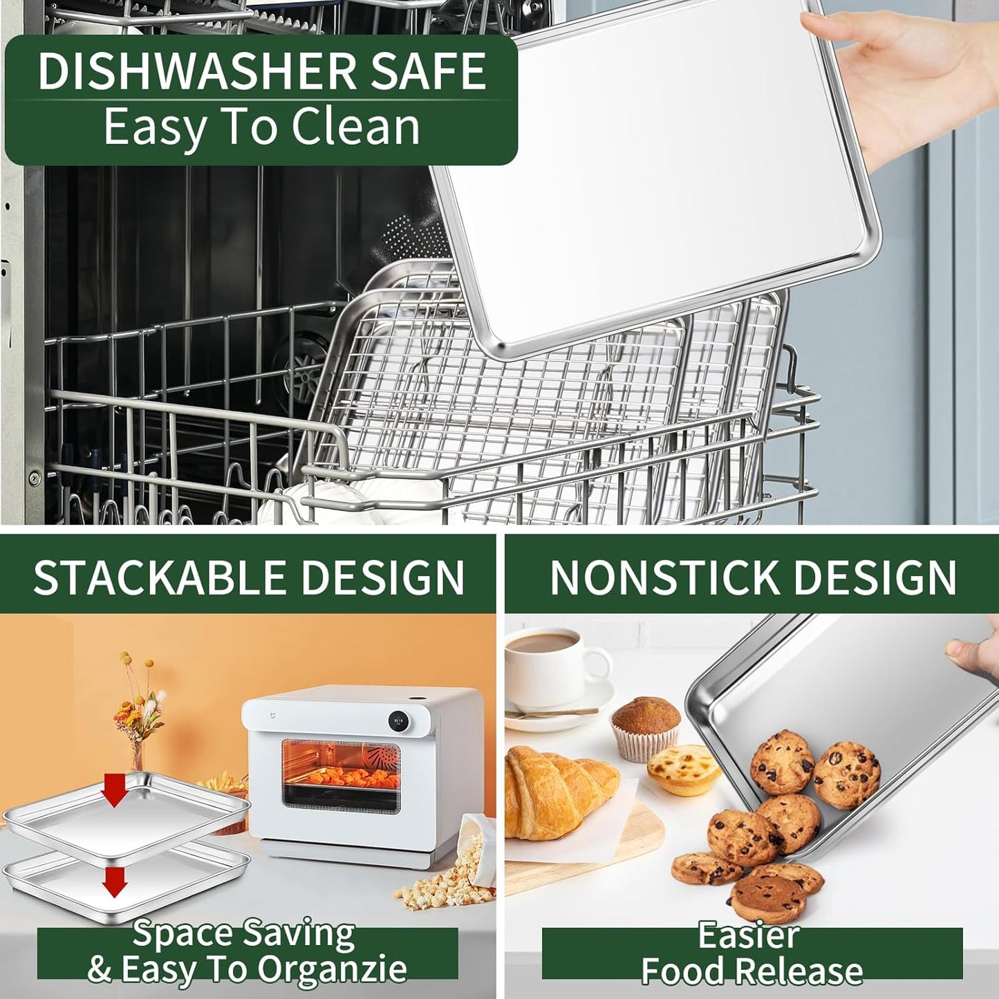 CEKEE Baking Sheet and Cooling Rack Set (2 Baking Pans + 2 Baking Racks), Stainless Steel Cookie Sheet Baking Pan Tray for Toaster Oven, Non Toxic & Heavy Duty & Easy Clean, Size 16 x 12 x 1 Inches