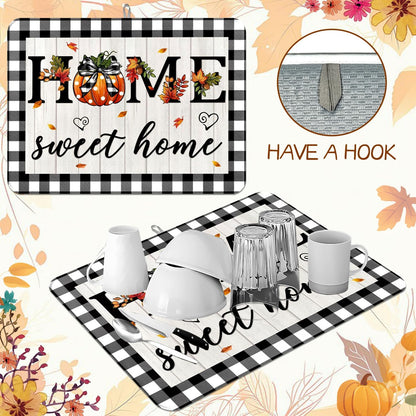 Autumn Fall Drying Mat Kitchen Countertop Pumpkin Black And White Check sweet Home 18 X 24 Inch Kitchen Coffee Bar Decoration, Absorbent Drying Mat