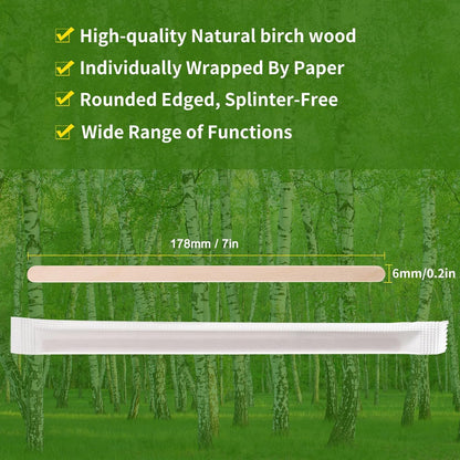 200pcs Individually Wrapped Coffee Stirrers Wood - 7" Coffee Stir Sticks, Round End Disposable coffee stirrer, For Coffee, Cocktail and Hot Drinks