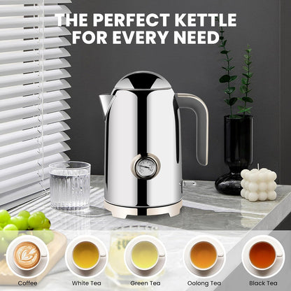 SUSTEAS Electric Kettle - 57oz Hot Tea Water Boiler with Thermometer, 1500W Fast Heating Stainless Steel Pot, Cordless LED Indicator, Auto Shut-Off & Boil Dry Protection, Silver