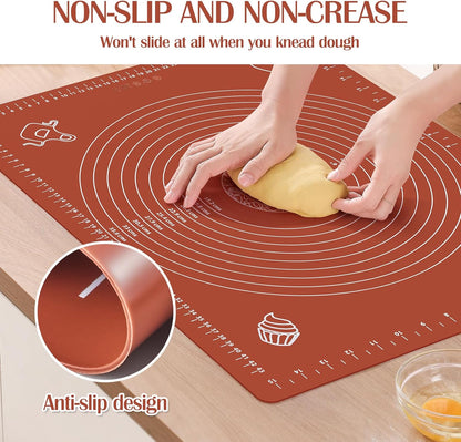 6PCS Silicone Baking Mat Set, Pastry Mat with Measurements Wooden Rolling Pin/Knife/Fork/Spoon/Scraper, Pasta Cutter,Non-slip Silicone Mat, Non-Stick Dough Mat for Counter,Kneading Mat Set,20"*16"