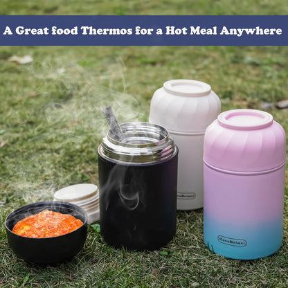 Thermo for Hot Food & Drinks, Thermo Lunch Box, 17oz Vacuum Insulated Food Container with Spoon&Drawstring Bag, Soup Thermo for Adults, Black