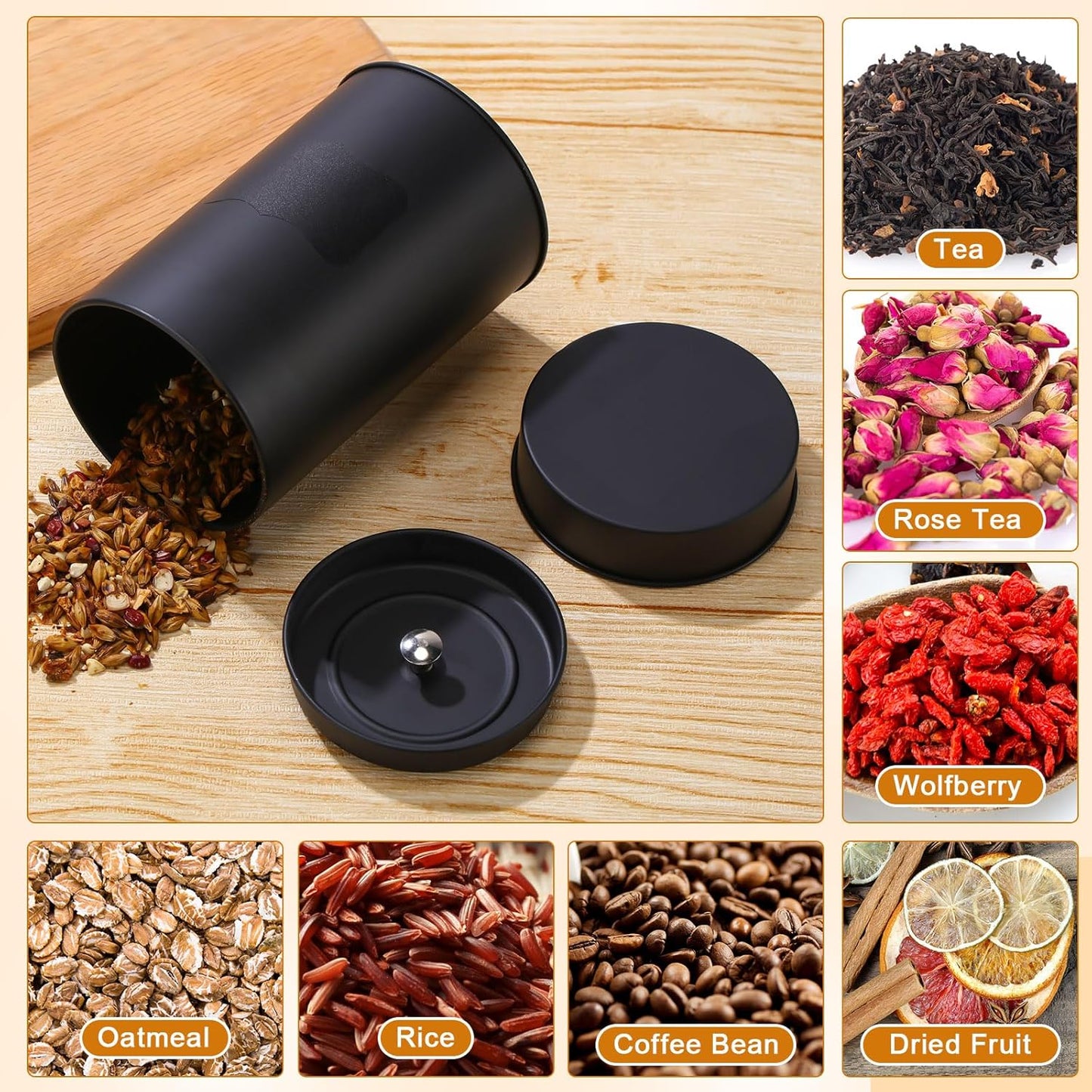 Tanlade 6 Pcs Tea Tin Canister Metal Round Can with Airtight Lid Double Sealed Tea Tin Canisters, with 1 Erasable Chalk Marker and 16 Stickers for Loose Leaf Coffee Sugar, 16 oz