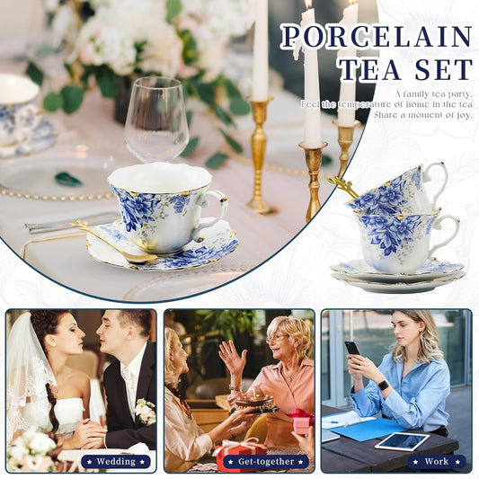 TATSUMI Country Roses Bone China Tea Cup and Saucer Set, 6 Pieces, Vintage Style, For Women and Tea Parties(Rose Blue,2 Sets)