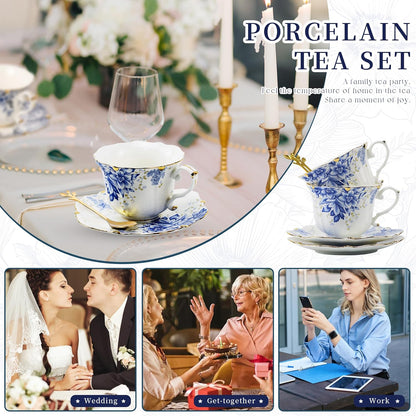 TATSUMI Country Roses Bone China Tea Cup and Saucer Set, 3 Pieces, Vintage Style, For Women and Tea Parties(Rose Blue,1 Set)