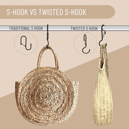 6 Purse Hanger for Closet. Tote Hanger. S-Shaped Hooks S Hooks Twist Design. Anti Drop S-Shaped Hook for Hanging Handbags with Safety Buckle to Prevent Falls. Heavy Duty. (Black, Twisted)