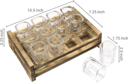 MyGift Shot Glass Serving Set Includes 12 Square Shot Glasses and Burnt Brown Wood Slotted Server Tray