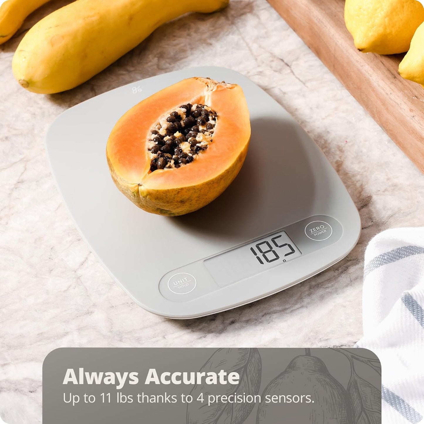 Greater Goods Slim Digital Kitchen Scale 11lb/5kg – Compact Food Scale with 1g Increments for Everyday Cooking, Baking & Meal-Prep, Lightweight Plastic Design, Non-Backlit Display, Battery Included